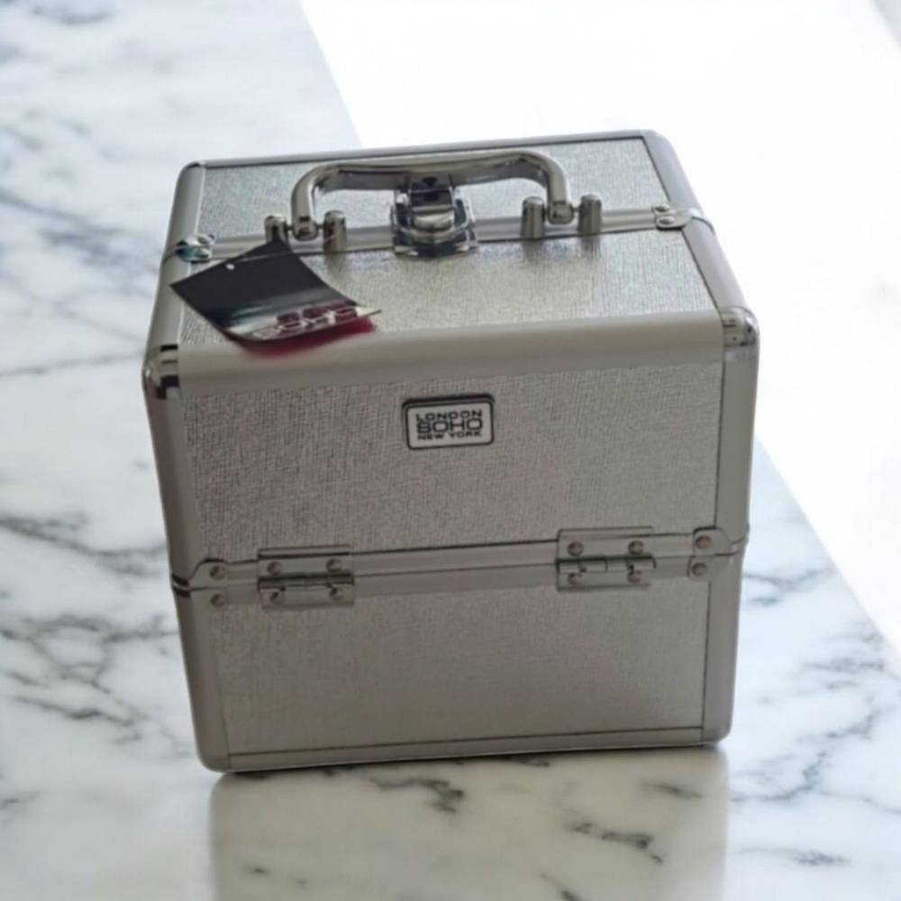 Silver Makeup Organizer with Sturdy Handle and Secure Latches